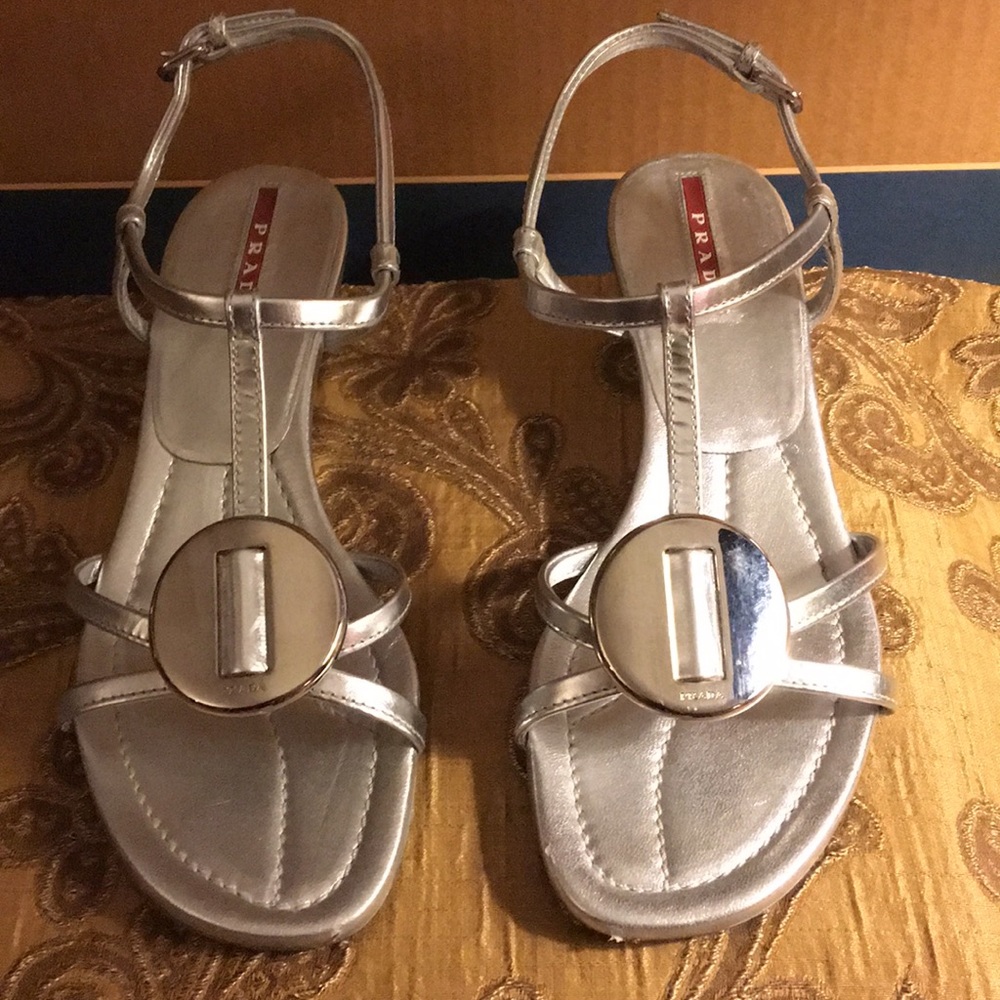 PRADA Silver wedge sandals size 6.5 ON SALE